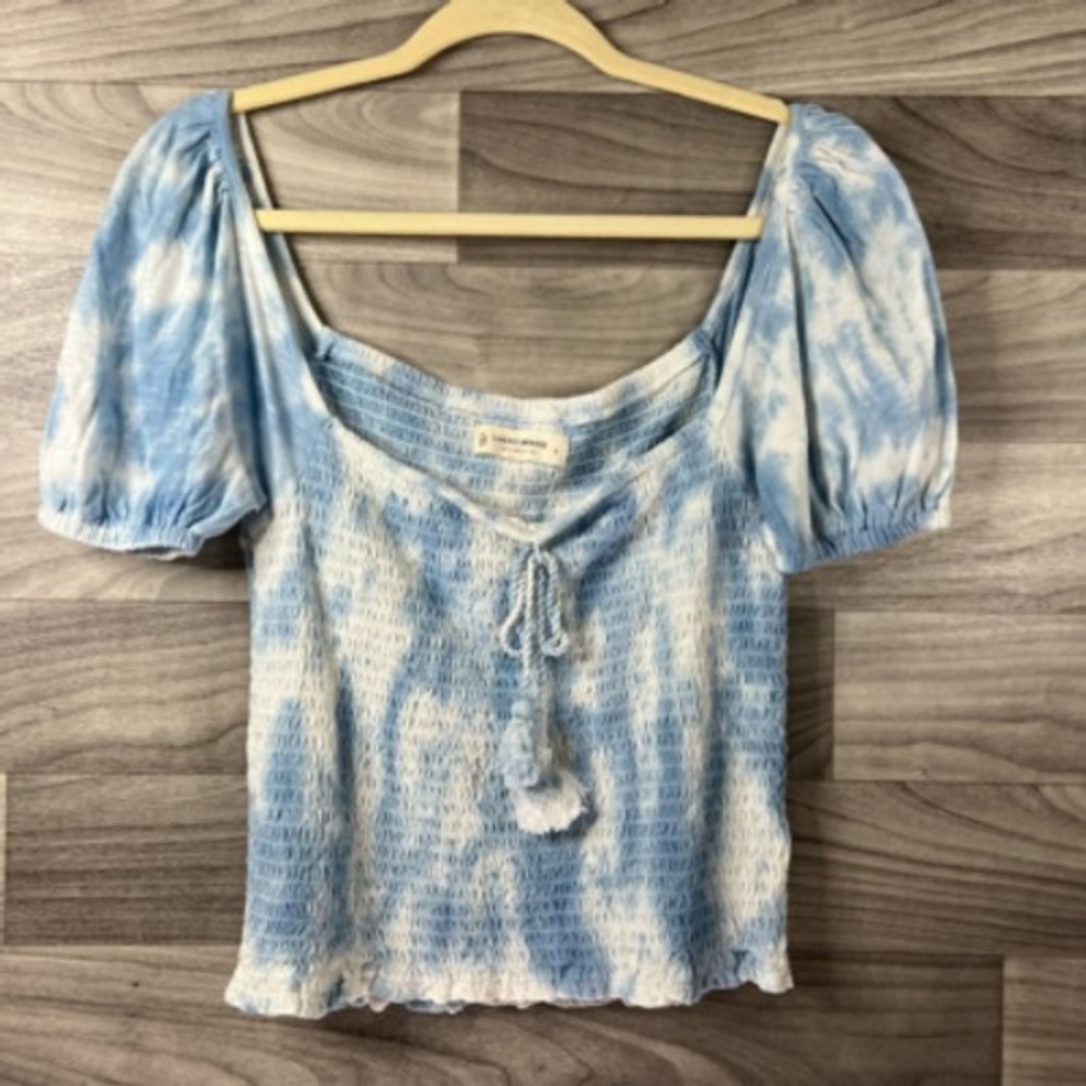 Lucky Brand Womens‎ Casual Shirt Blue Tie Dye Short Puff Sleeve Smocked Boho S